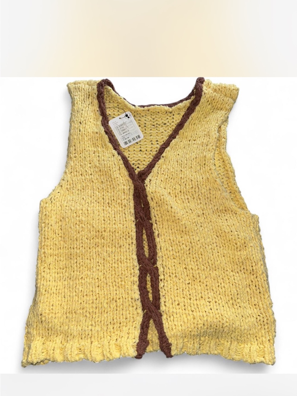 Free People Yellow Knit Vest with Brown Trim